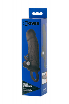 Насадка Toyfa XLover, для увеличения размера с кольцои и вибрацией, TPE, черная прозрачная, 14.5 см 